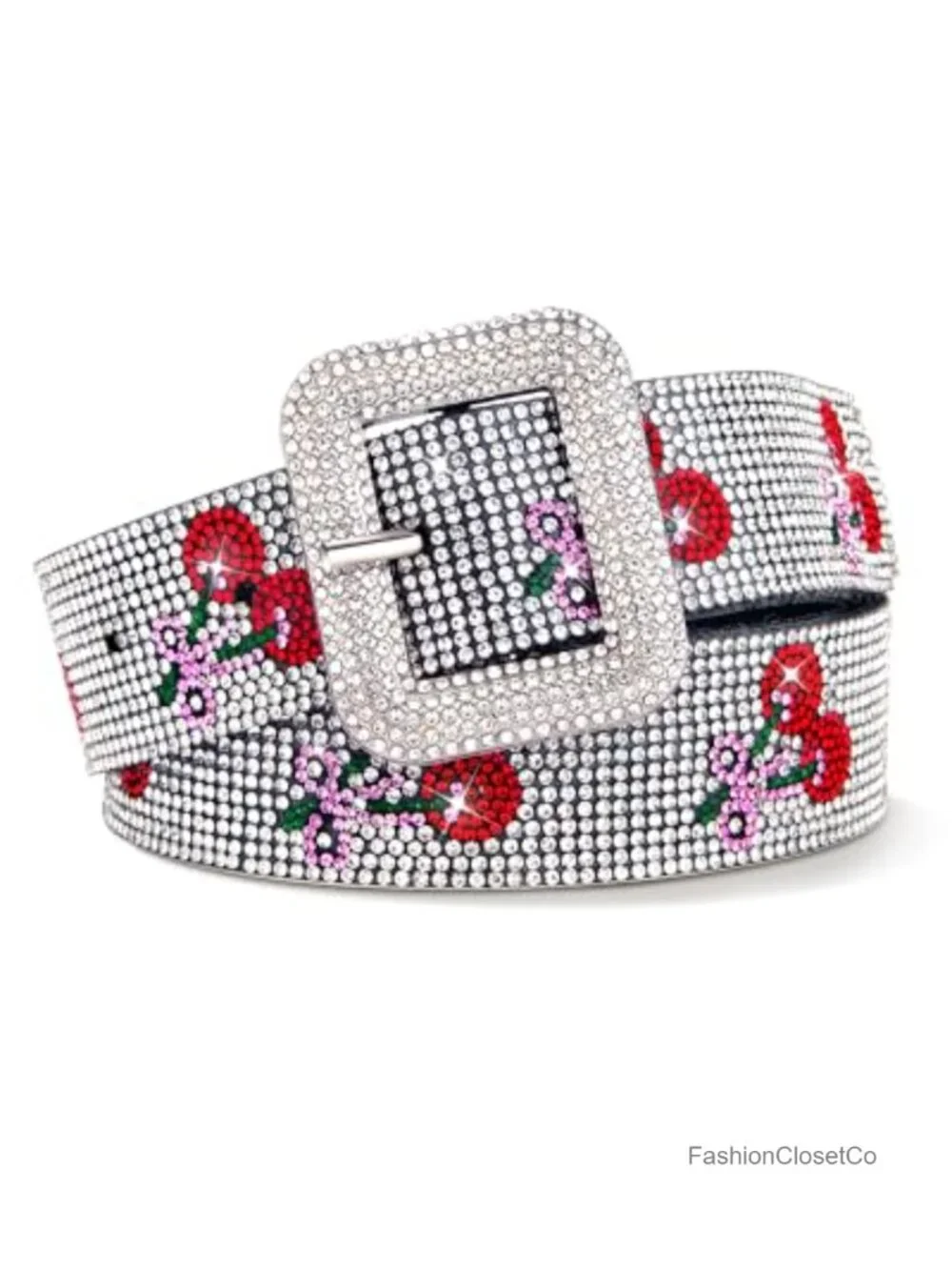Sparkly Rhinestone Belt with Silver Buckle - Y2K Punk Women's Medium PU Leather